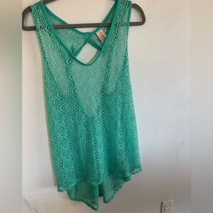 OP Green Crochet Swim Coverup with Asymmetrical Hem